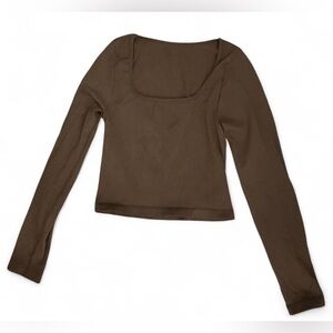 OQQ Women's Brown Pullover Ribbed Knit Long Sleeve Square Neck Crop Top Size M
